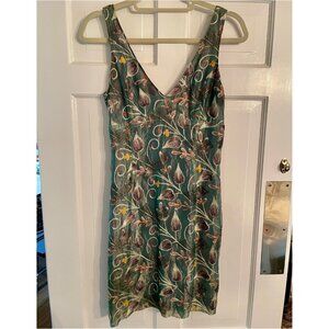 Vintage Cynthia Rowley Metallic Green Silk & Foliate Embroidery Mini Dress